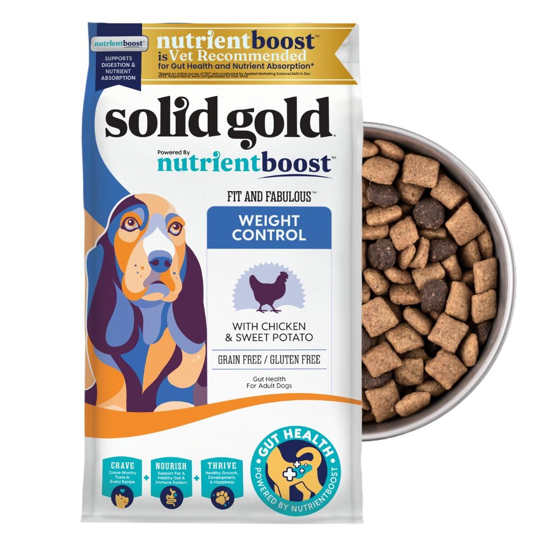 Solid Gold healthy-weight dog food in a bowl for portion control and flavor