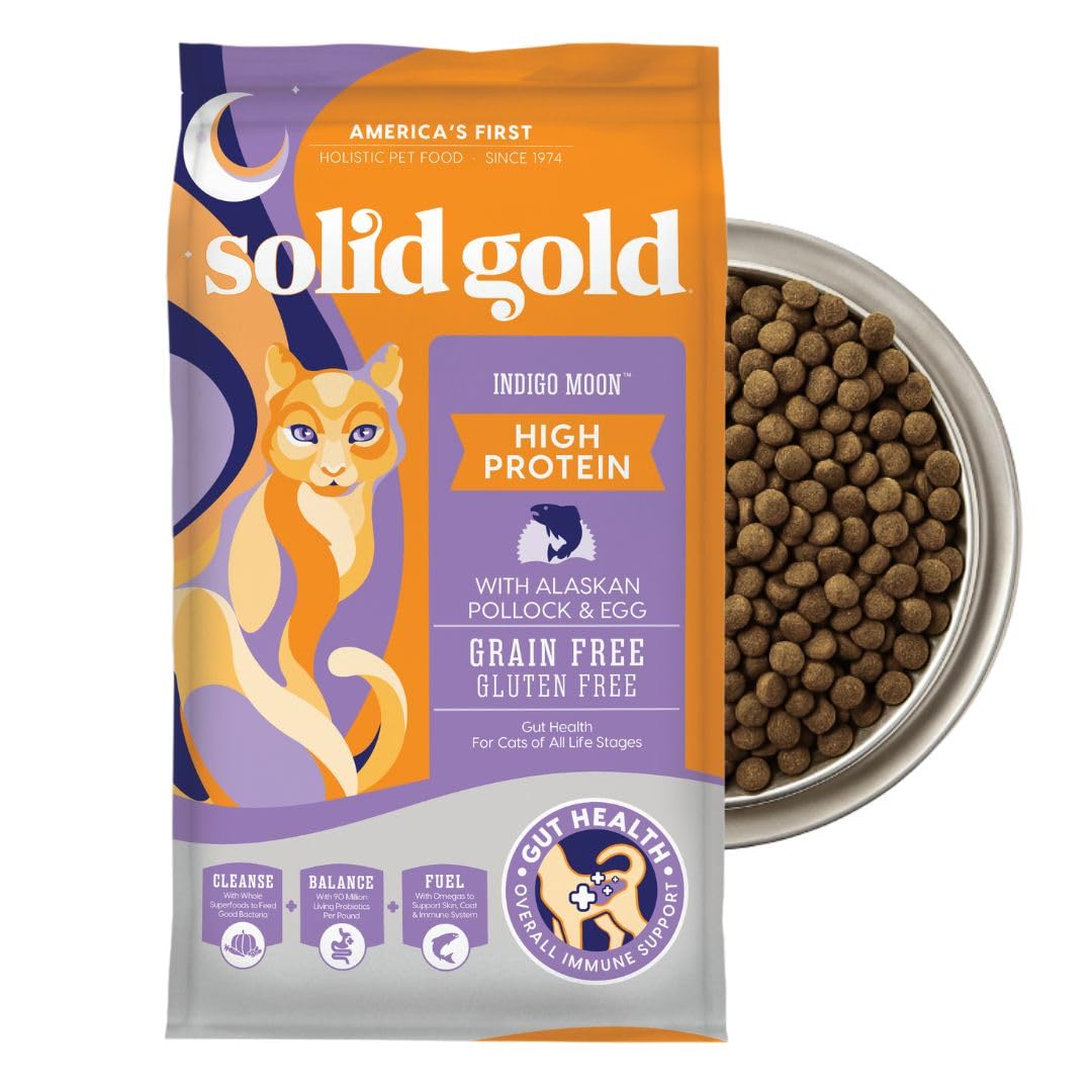 Solid Gold high-protein dry cat food bag-front shows grain-free gut-support nutrition.