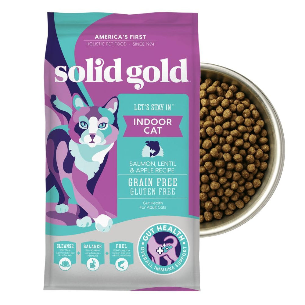 Solid Gold Indoor Dry Cat Food salmon kibble close-up highlighting grain-free protein.
