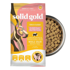 Solid Gold lamb dog food dry kibble bowl shows premium protein for active dogs
