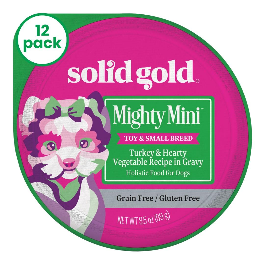 Solid Gold Lil' Boss turkey and vegetables cup—grain-free meal for small breeds.