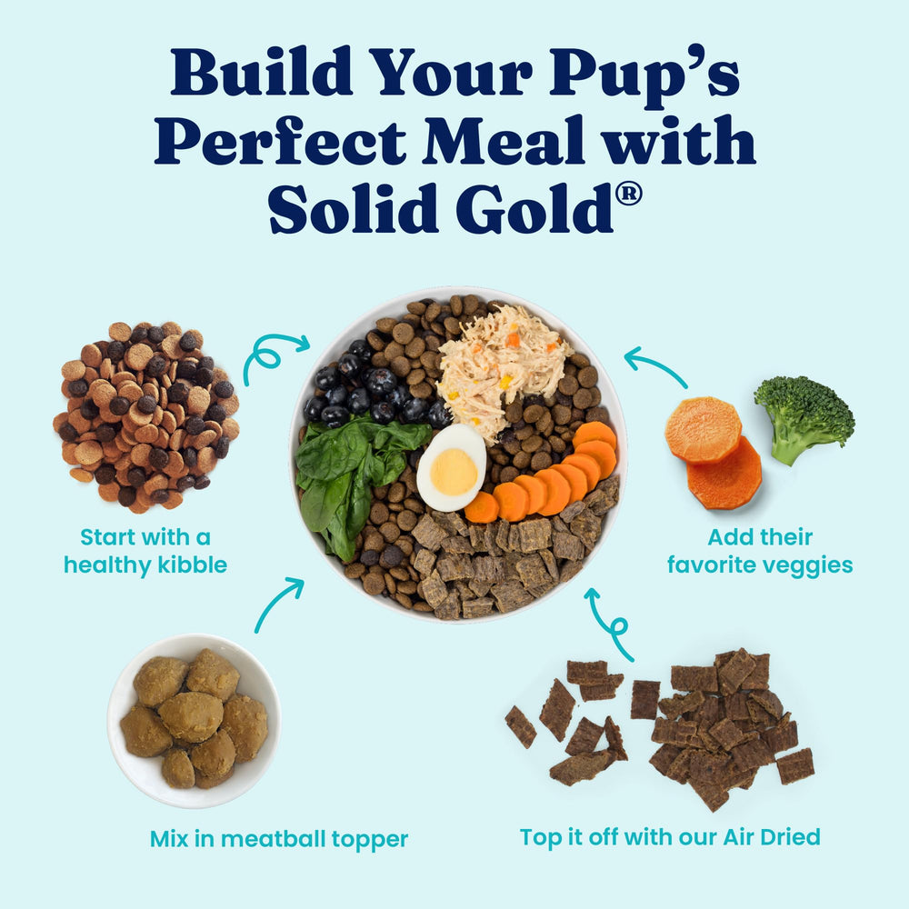 Solid Gold Meatball Topper 3-pack packaging on countertop emphasizes value.