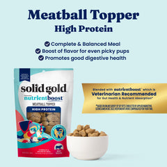 Solid Gold Meatball Topper real-beef chunks close-up showcases premium ingredients.