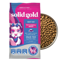 Solid Gold Mighty Mini packaging highlighting small-breed formula for easy feeding.