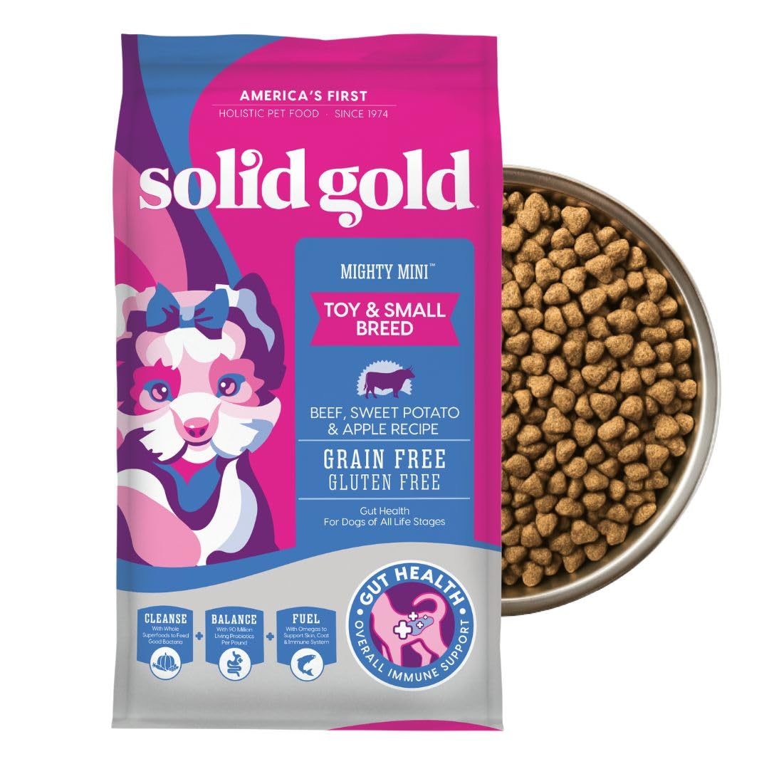 Solid Gold Mighty Mini bites with real beef support muscle health for small dogs.
