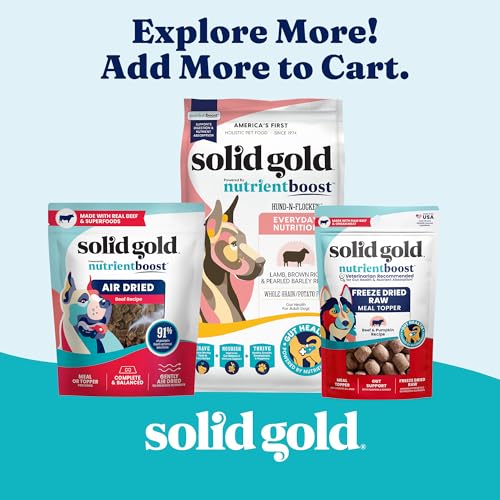 Solid Gold grain-free dog food label emphasizes no grains.