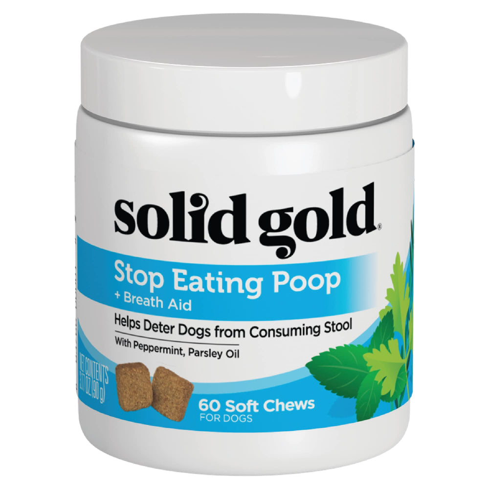 Solid Gold No Poo Chews bottle packaging demonstrates convenient dog deterrent chew for stool safety.
