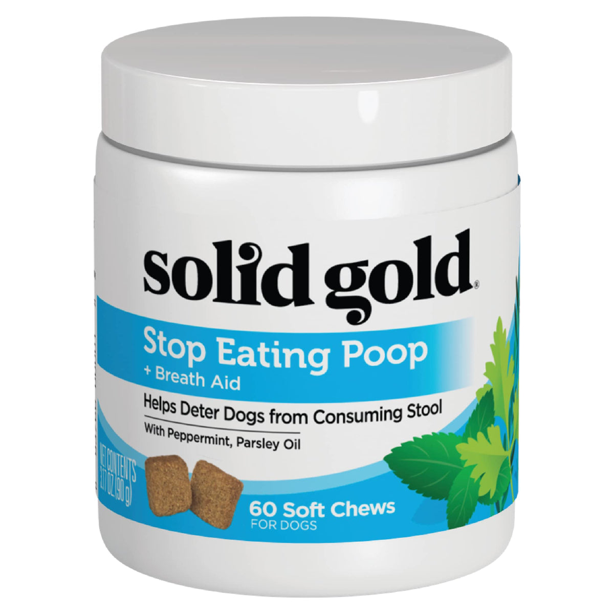 Solid Gold No Poo Chews bottle packaging demonstrates convenient dog deterrent chew for stool safety.