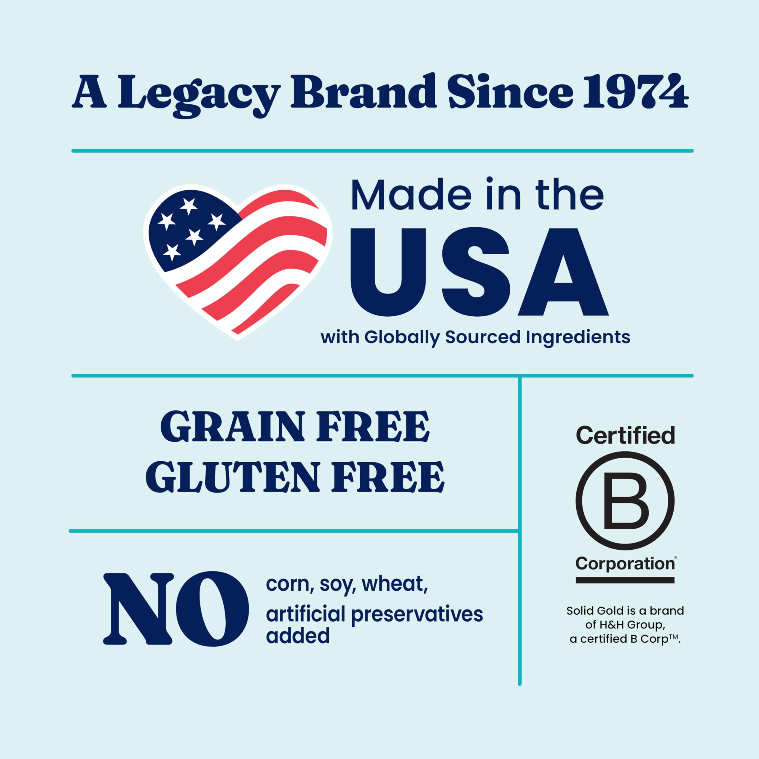 Solid Gold No Poo Chews gluten free badge communicates allergen-friendly option.