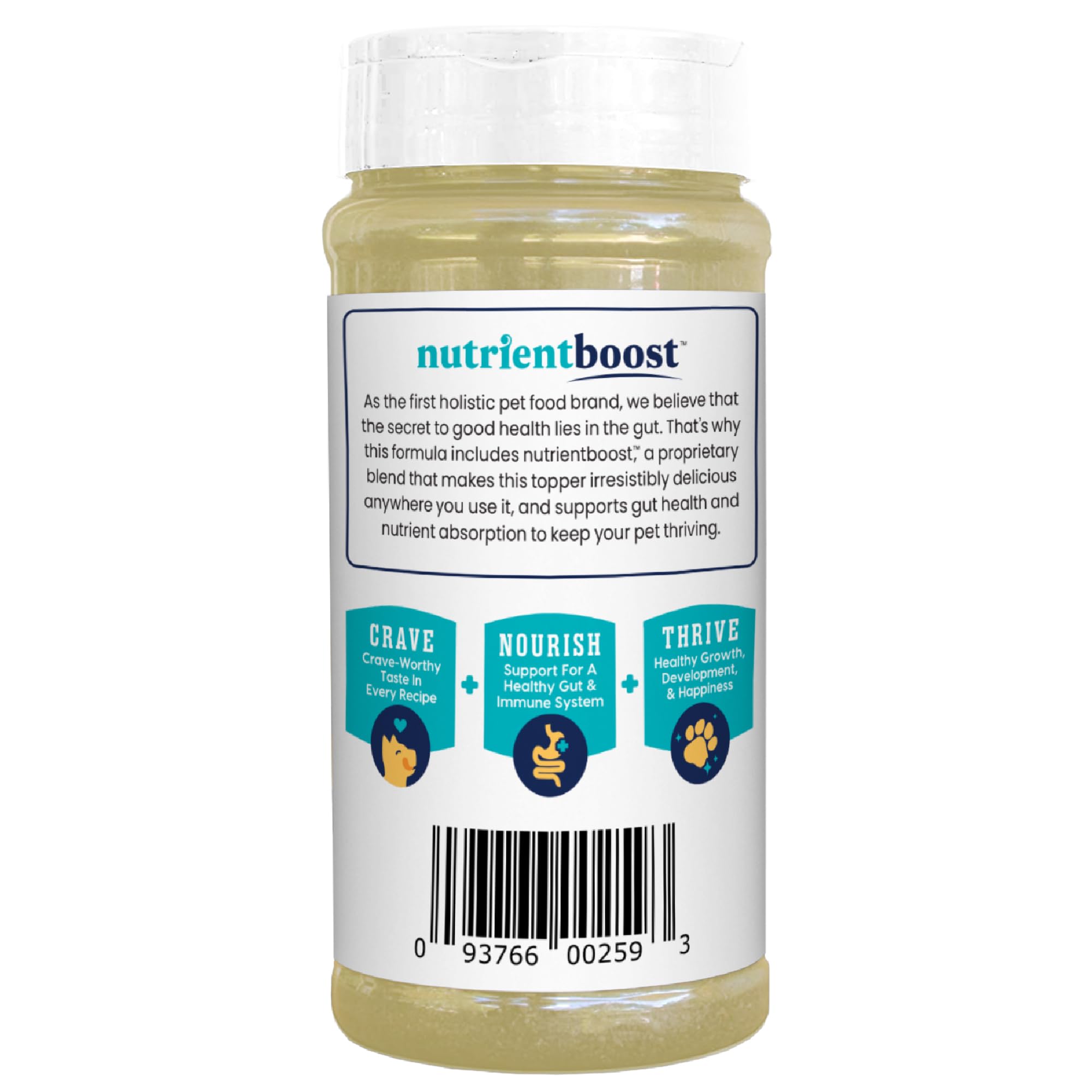 Solid Gold Nutrient Boost Topper 4oz shaker beside dog food setup for easy seasoning.