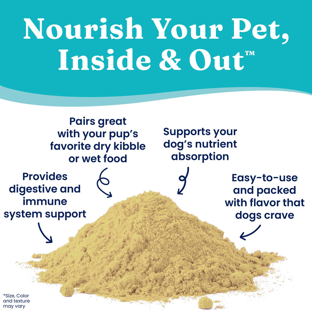 Solid Gold Nutrient Boost Topper Shaker dispensing pumpkin powder over kibble for digestion support.