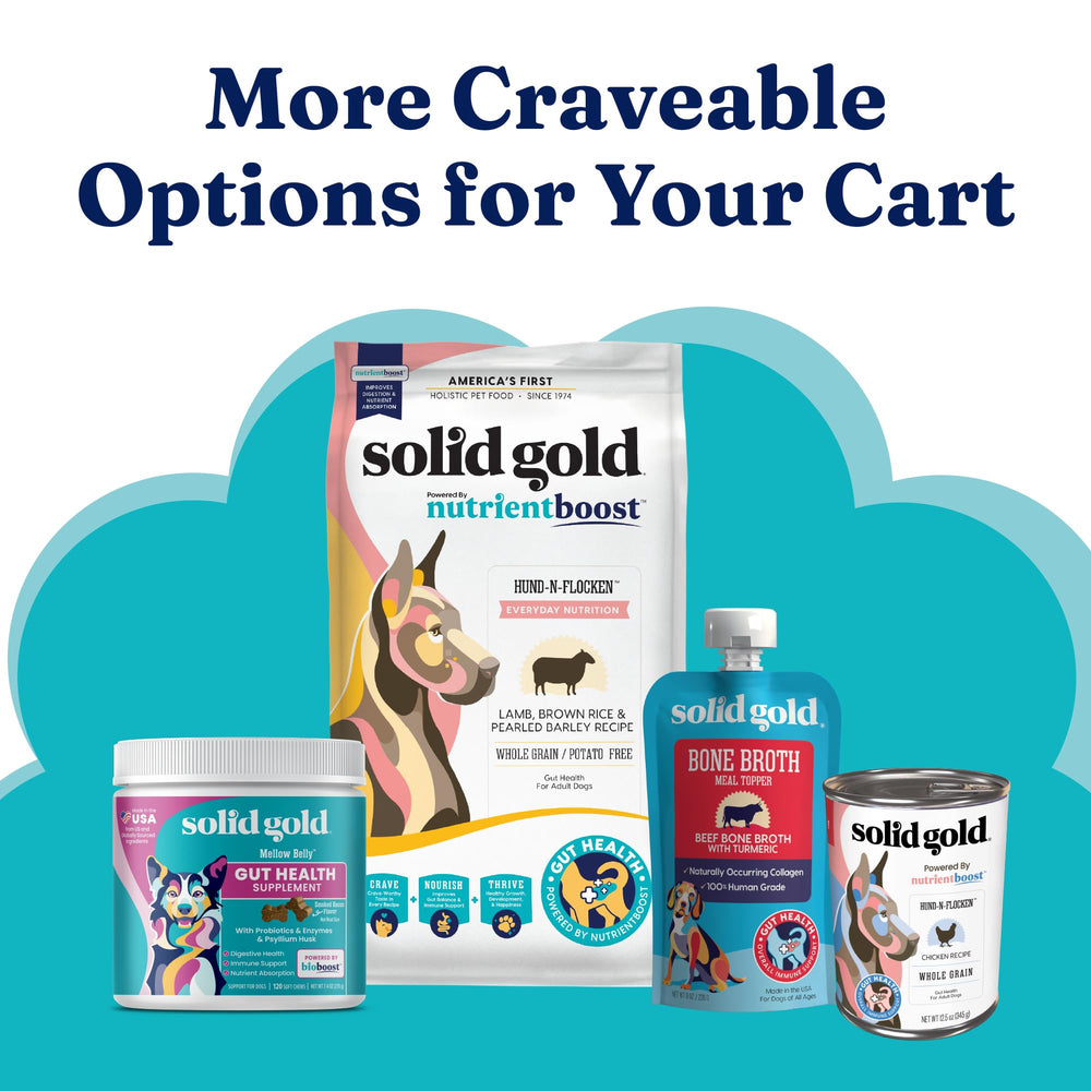 Solid Gold Nutrient Boost Topper on wet food to boost flavor and intake.