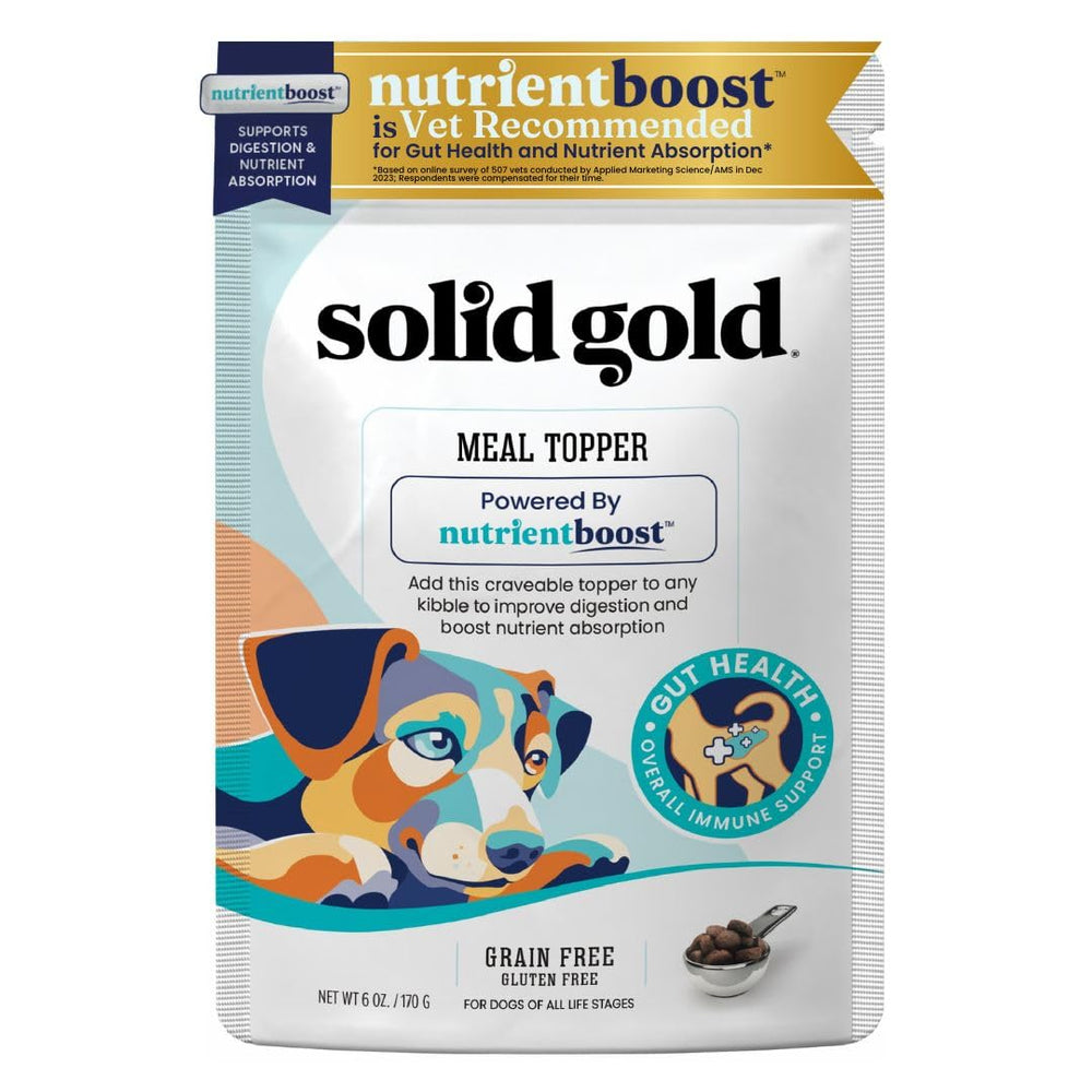 Solid Gold NutrientBoost bottle pour showing protein-rich topper with gut-friendly plasma.