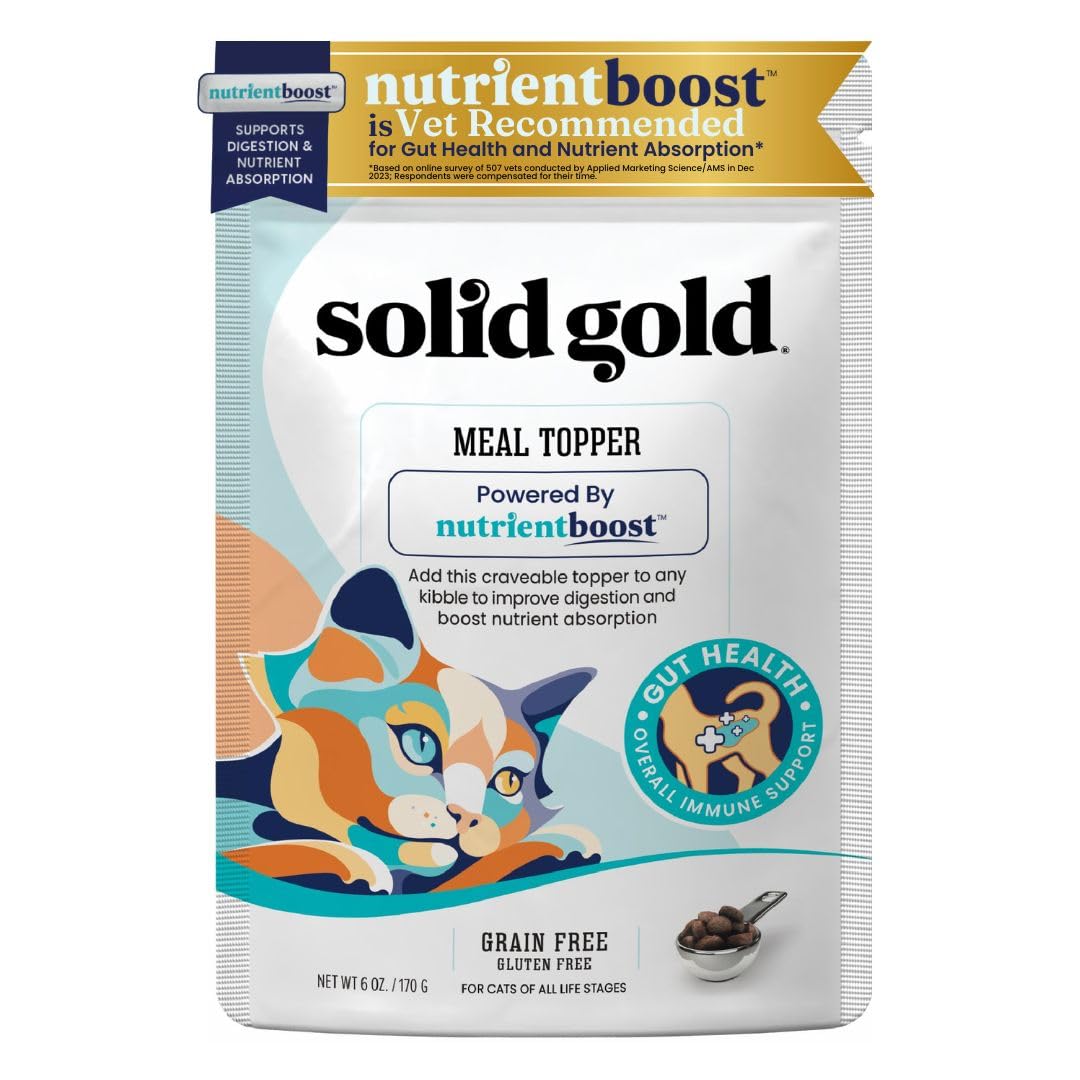 Solid Gold NutrientBoost bottle top view shows protein-packed topper for gut support.