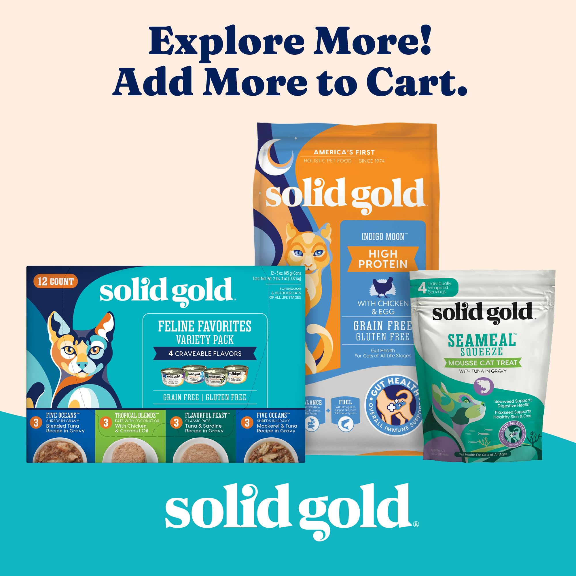 Solid Gold NutrientBoost indoor cat enjoying meal with topper enrichment.