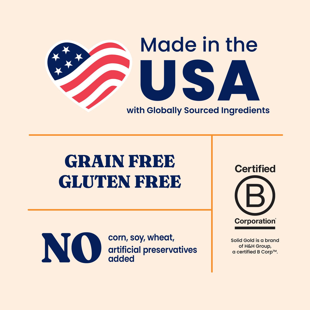 Solid Gold NutrientBoost ingredients close-up highlights grain-free, protein-rich formula.