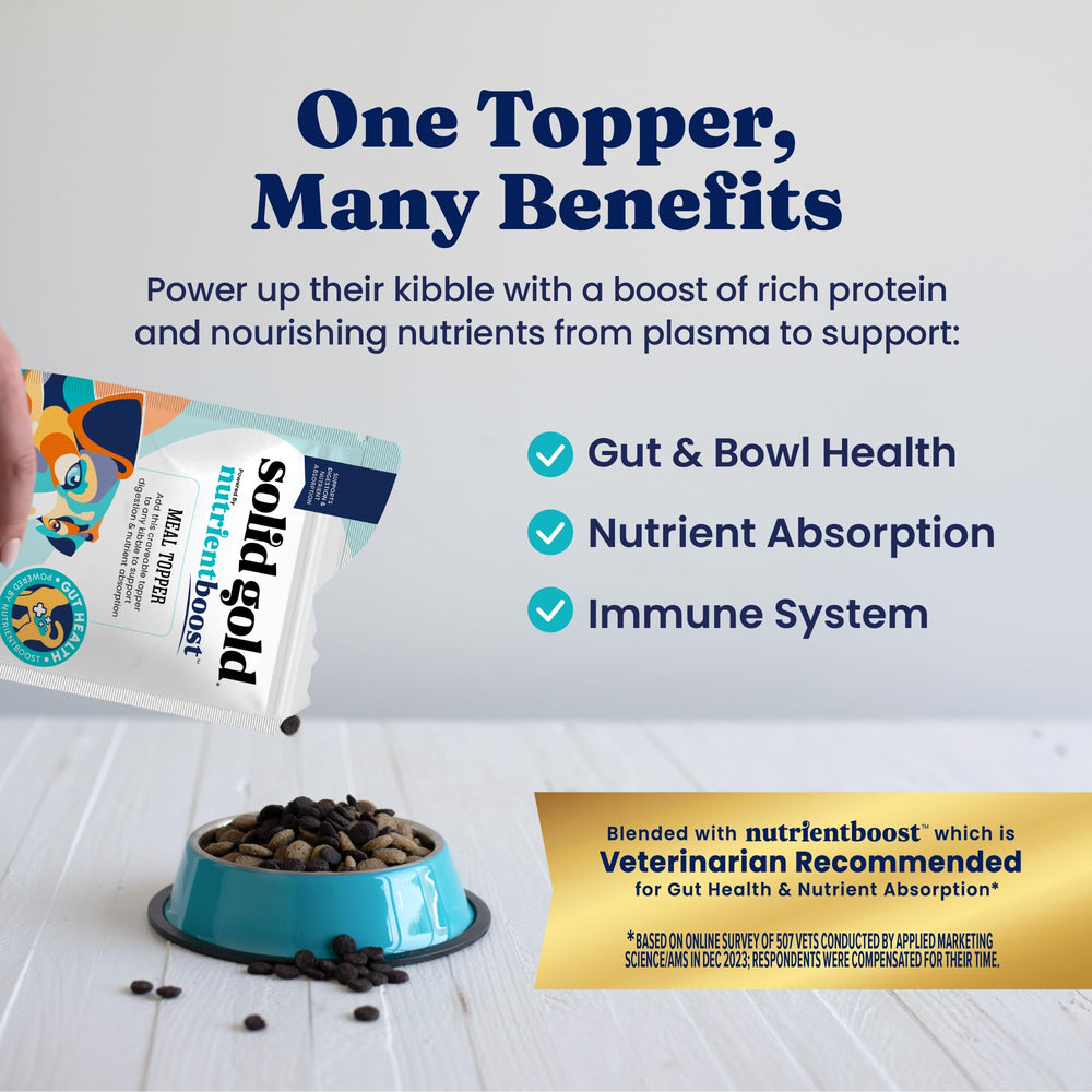 Solid Gold NutrientBoost meal mixer indicating how to blend topper into dry kibble for protein boost.