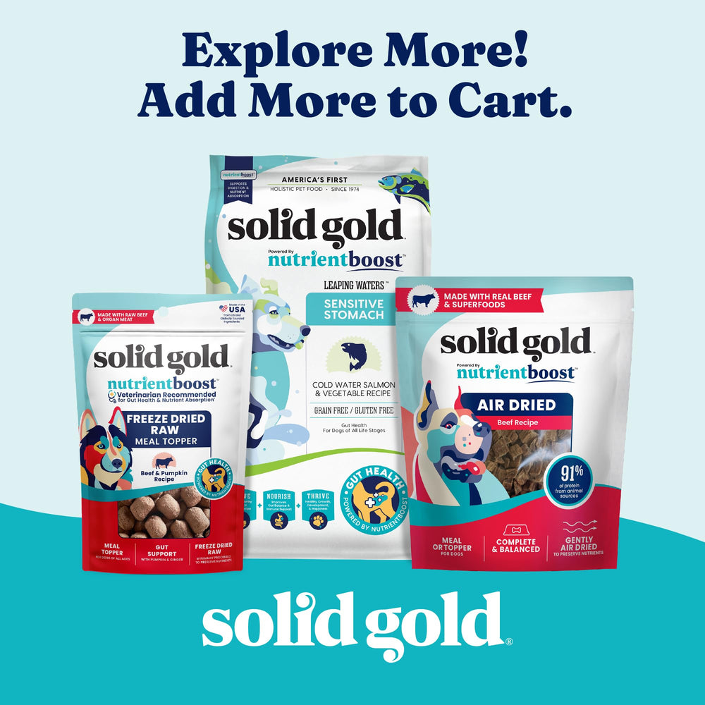 Solid Gold NutrientBoost packaging-1lb stressing value and easy storage for households.