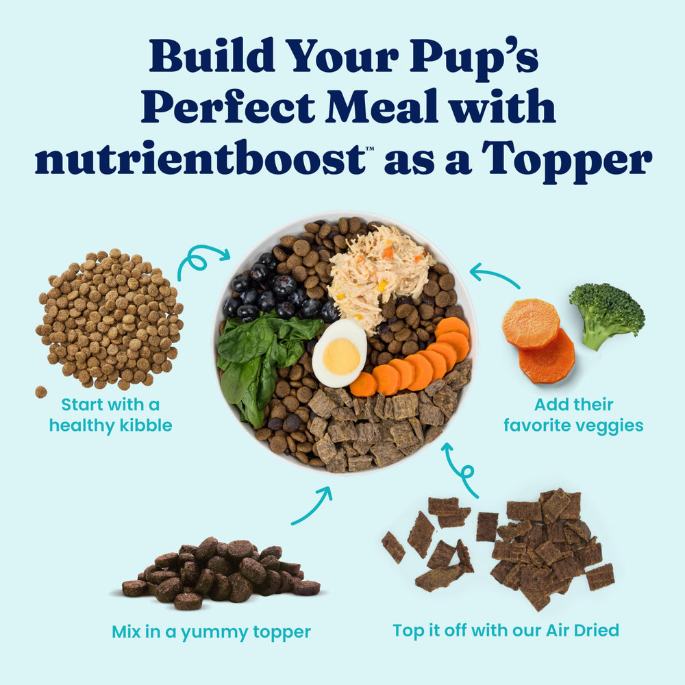 Solid Gold NutrientBoost wet-food-mix demonstrating topper added to canned meals for variety.