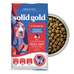 Solid Gold pollock weight-management dry dog food bag for lean protein.