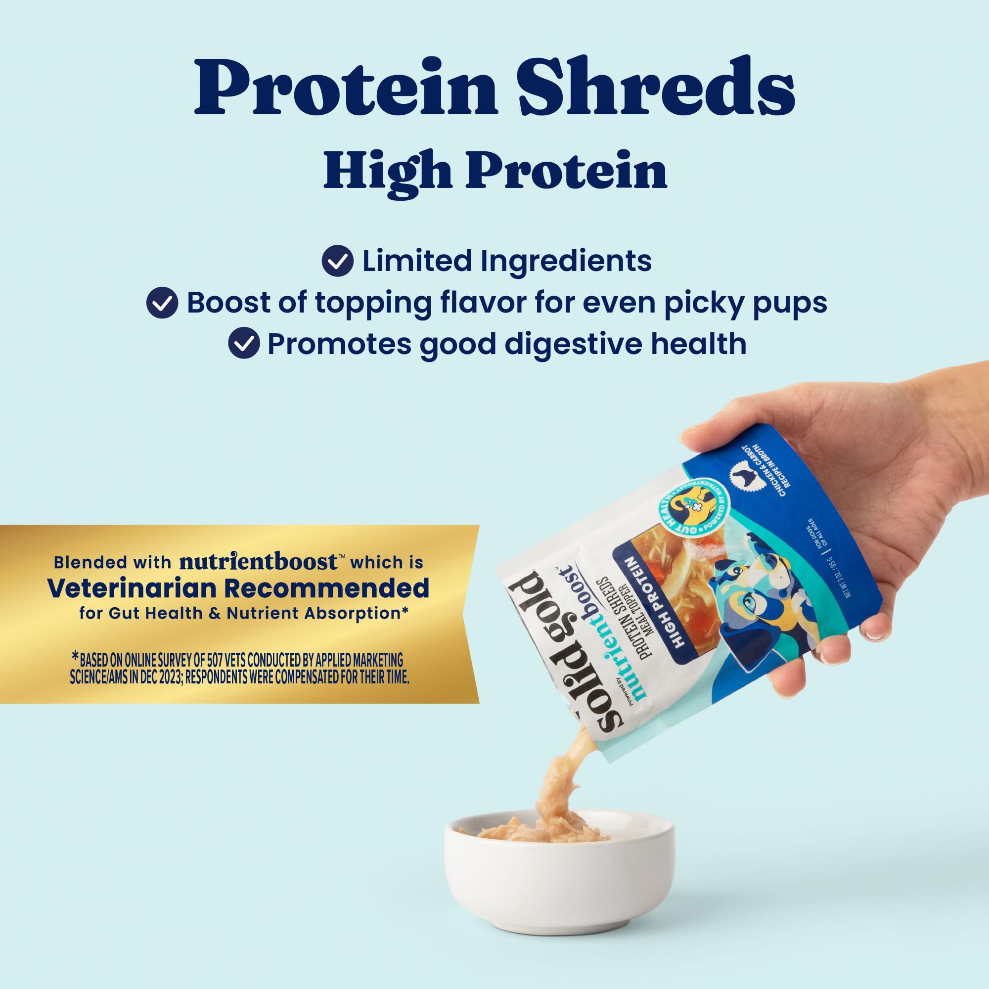 Solid Gold Protein Shreds broth image highlights savory gravy for flavorful dry kibble top-ups that enhance palatability