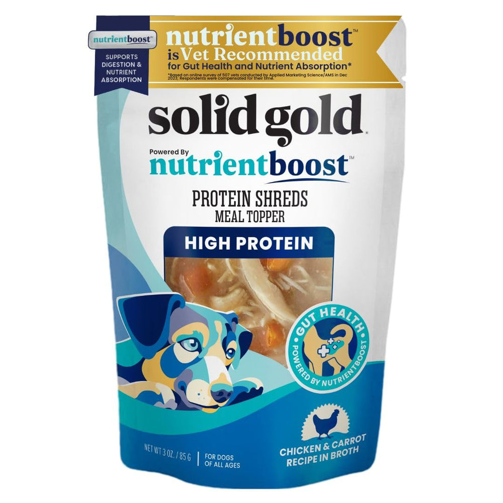 Solid Gold Protein Shreds chicken-shreds image shows real chicken for protein-rich toppers that may boost meal appeal