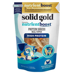 Solid Gold Protein Shreds chicken-shreds image shows real chicken for protein-rich toppers that may boost meal appeal