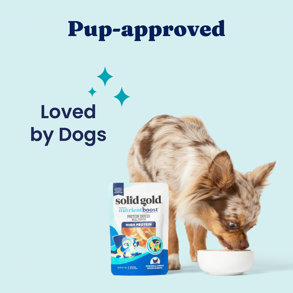 Solid Gold Protein Shreds easy-serve-topper image demonstrates tear-and-pour convenience for quick meals