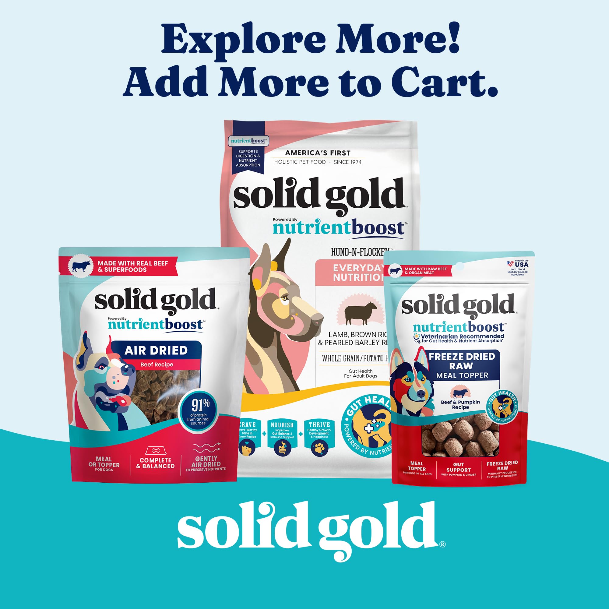 Solid Gold Protein Shreds mealtime-variation image suggests versatile top-offs for daily meals