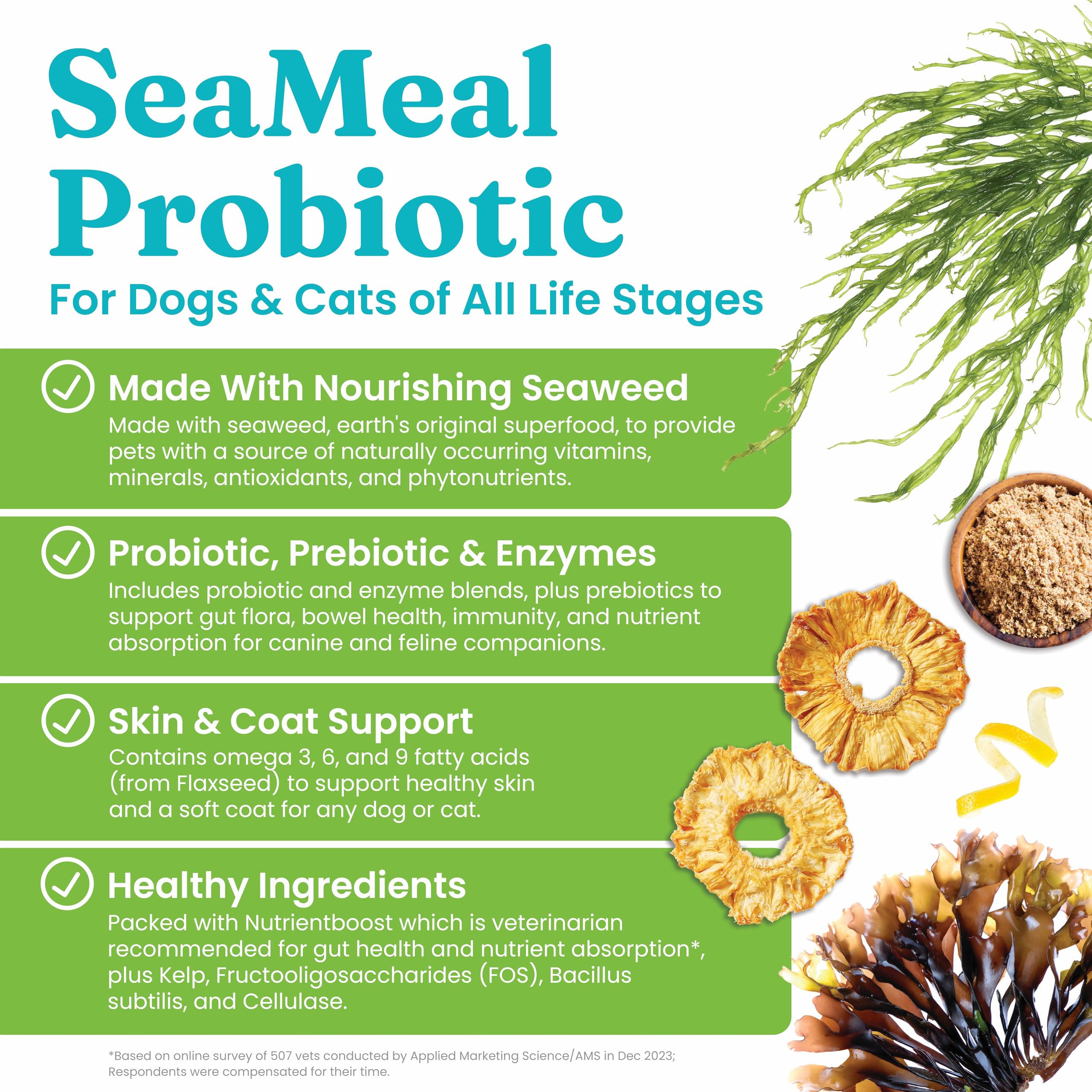 Solid Gold SeaMeal dog probiotic application scene highlights coat health benefits.