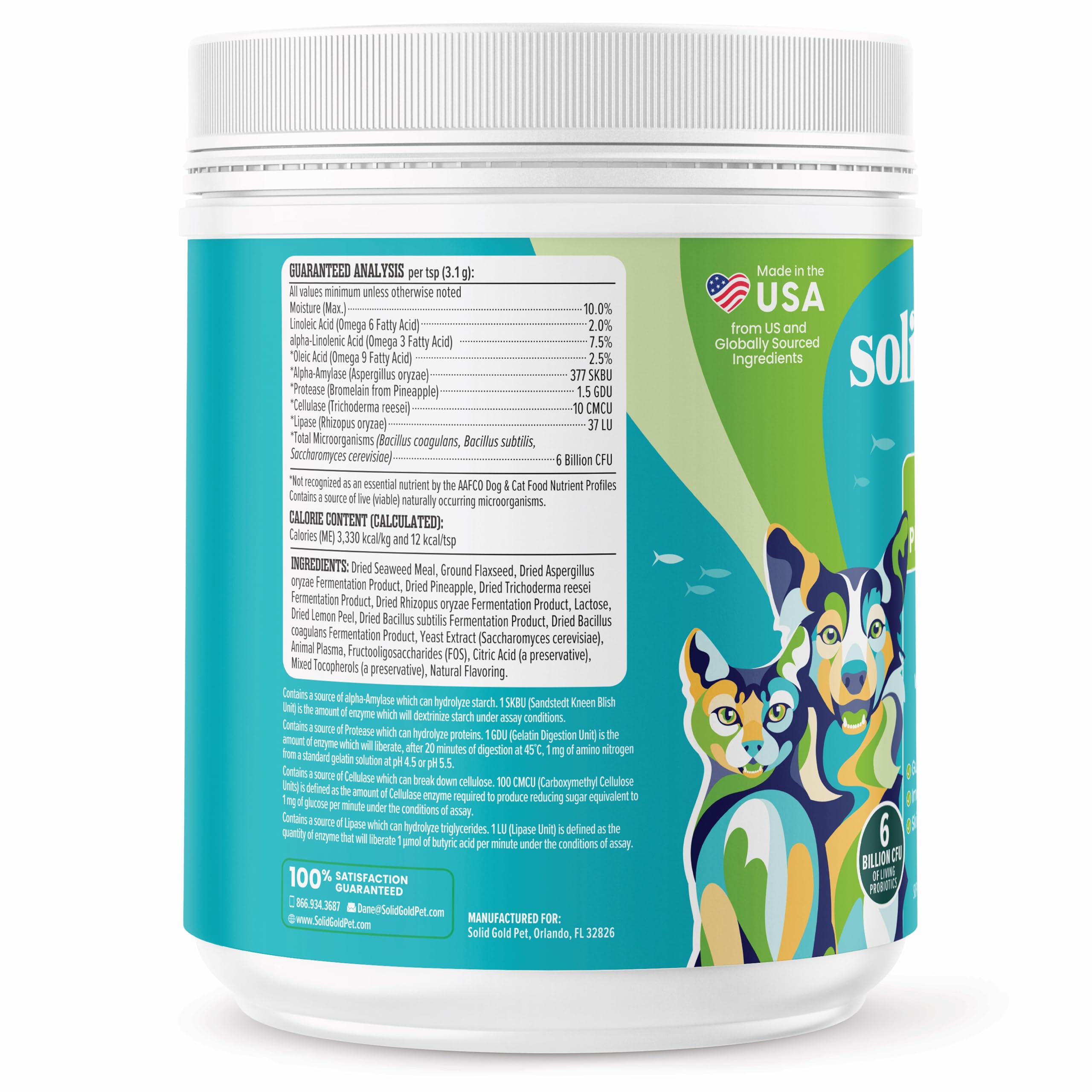 Solid Gold SeaMeal omega-rich blend promotes coat shine.