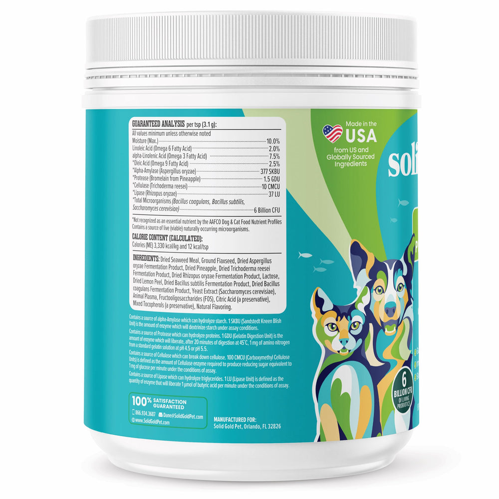 Solid Gold SeaMeal omega-rich blend promotes coat shine.