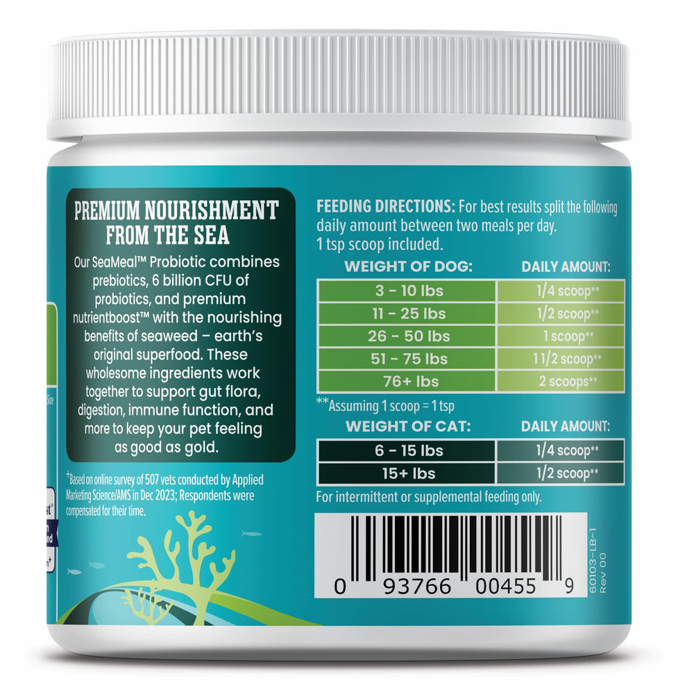 Solid Gold SeaMeal powder spoon in a kitchen setting for skin and coat benefits