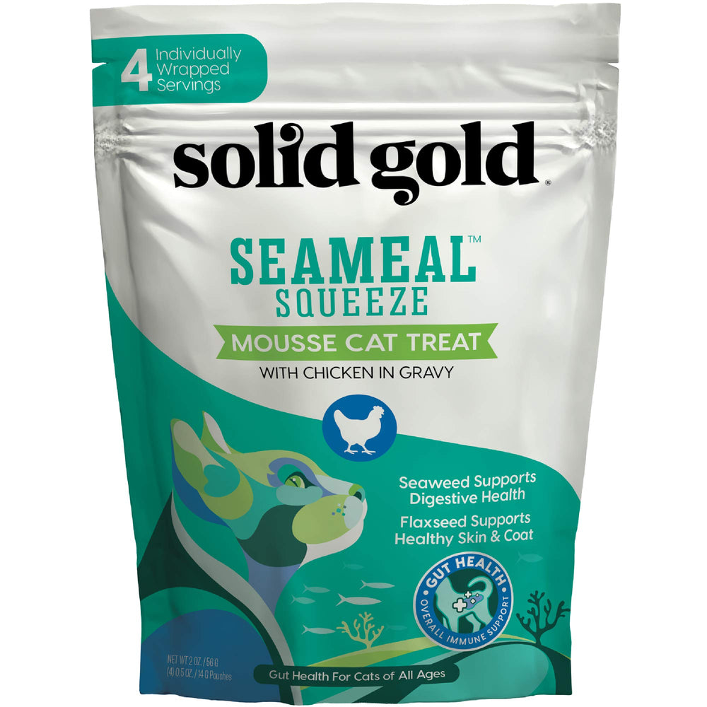 Solid Gold SeaMeal Squeeze pouch open reveals creamy texture cats love.