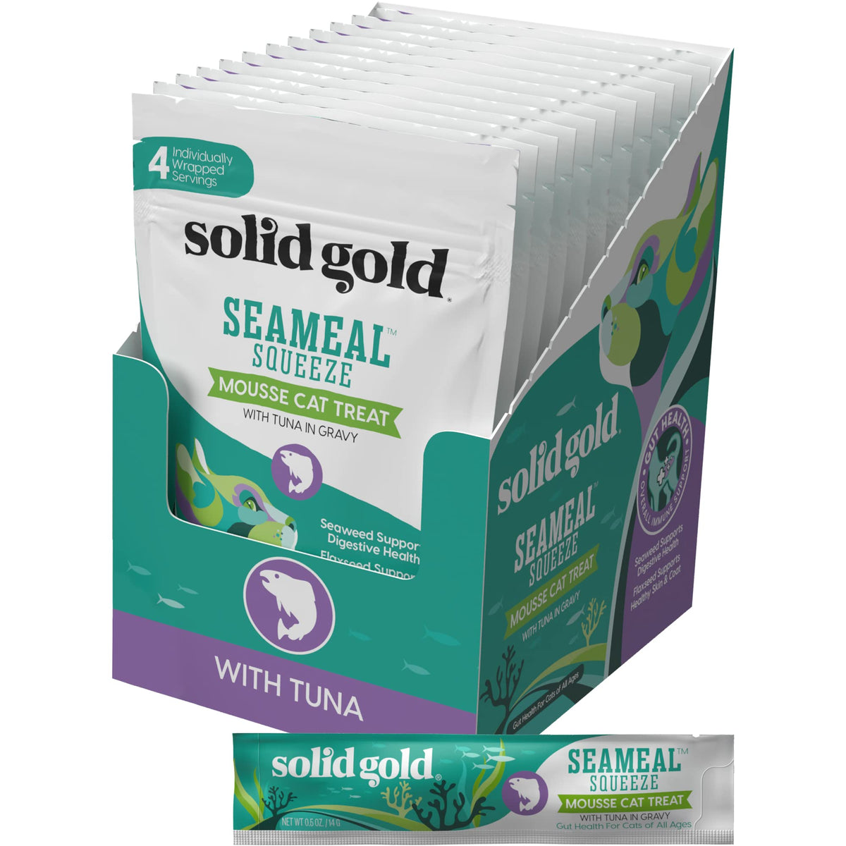 Solid Gold SeaMeal Squeezes tuna pouch closeup highlighting creamy texture for cats