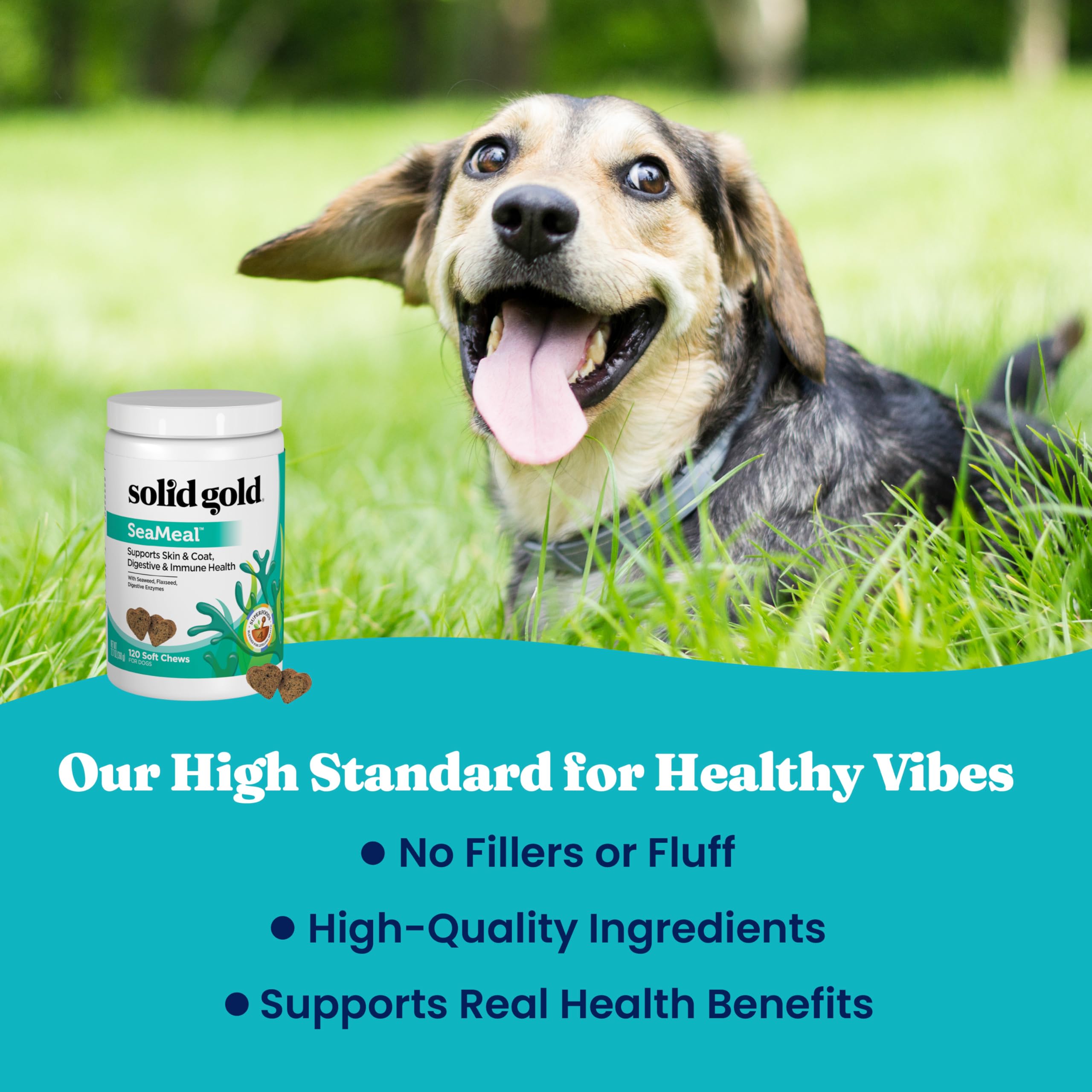 Solid Gold SeaMeal USA-made packaging shown for trusted pet nutrition