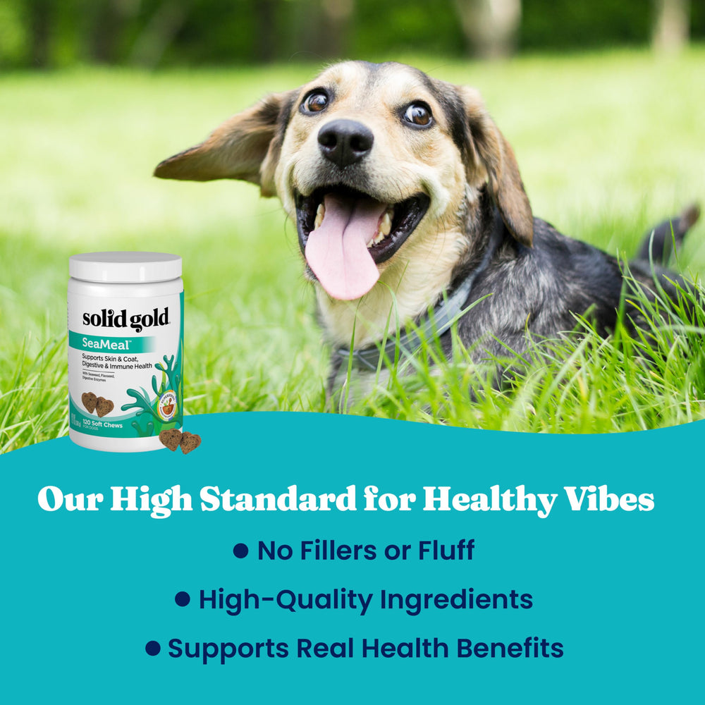 Solid Gold SeaMeal USA-made packaging shown for trusted pet nutrition