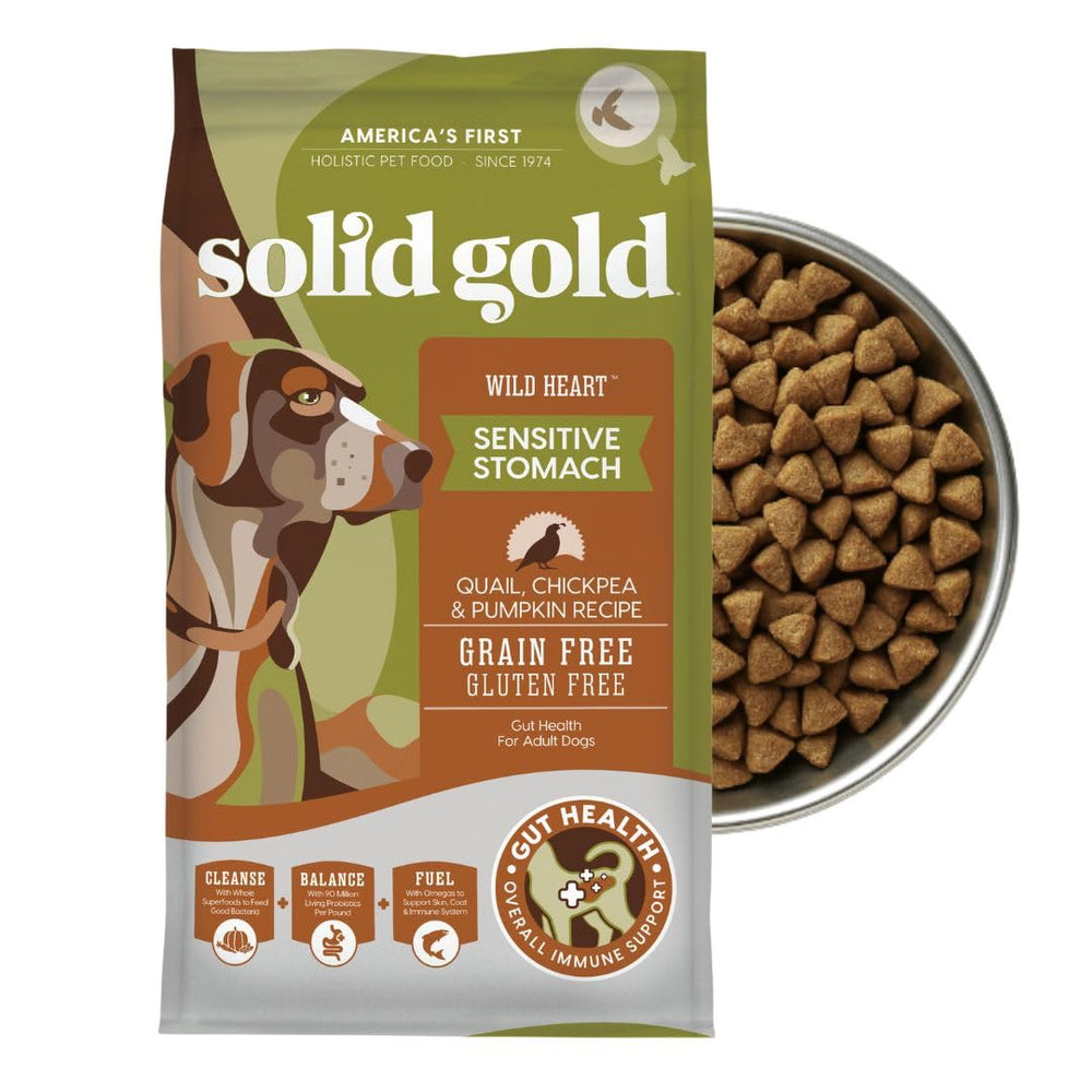 Solid Gold Sensitive Stomach dog food bag front showing grain-free formula for digestion support