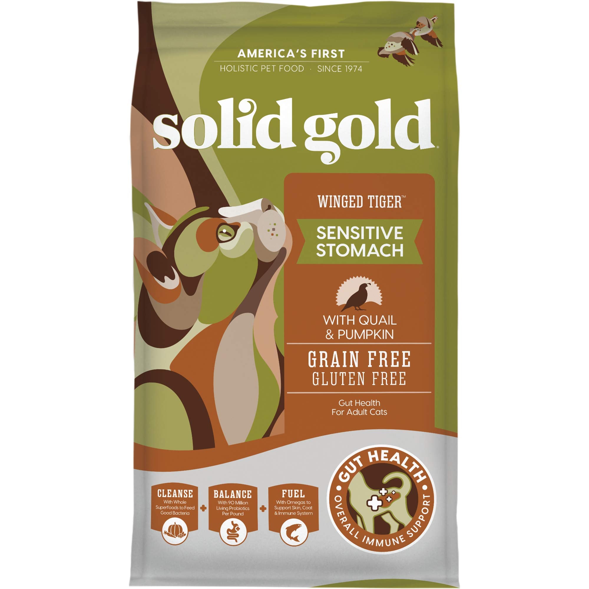 Solid Gold sensitive-stomach dry-cat-food-packaging closeup communicates grain-free formula and probiotics