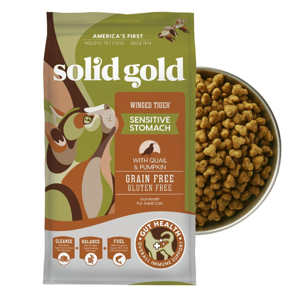 Solid Gold Sensitive Stomach quail-kibble emphasizes lean quail protein for gentle digestion.