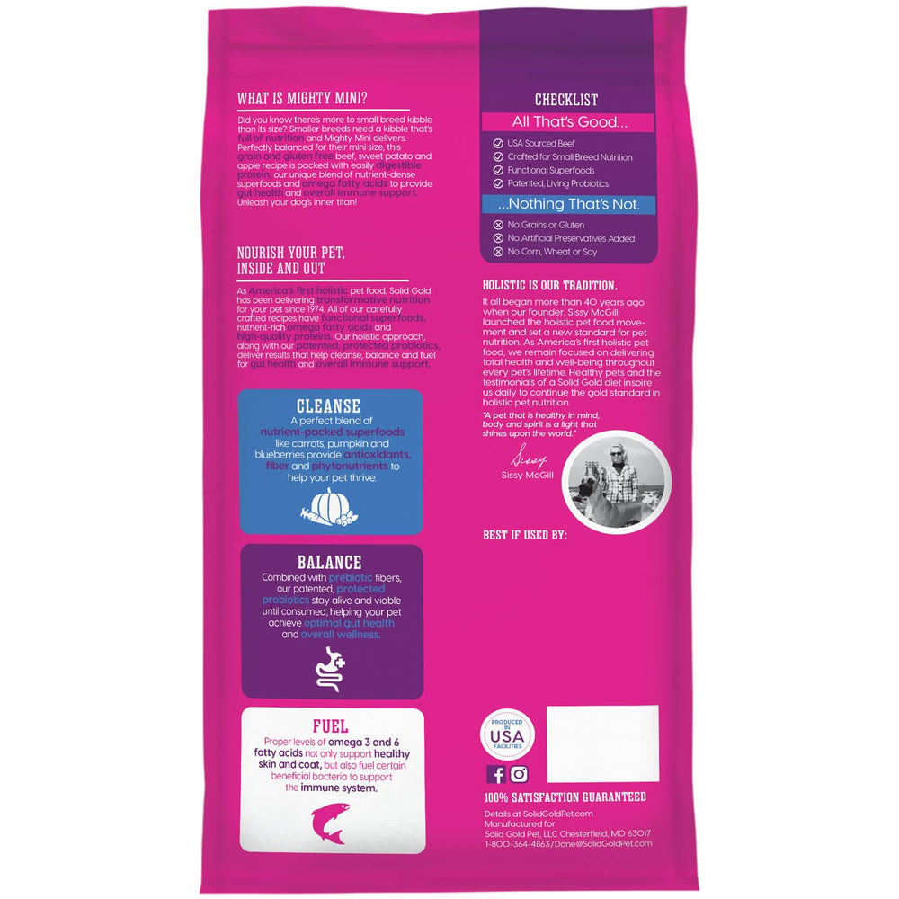 Solid Gold Small-Breed Digestion Support illustrates balanced gut health and nutrient absorption.