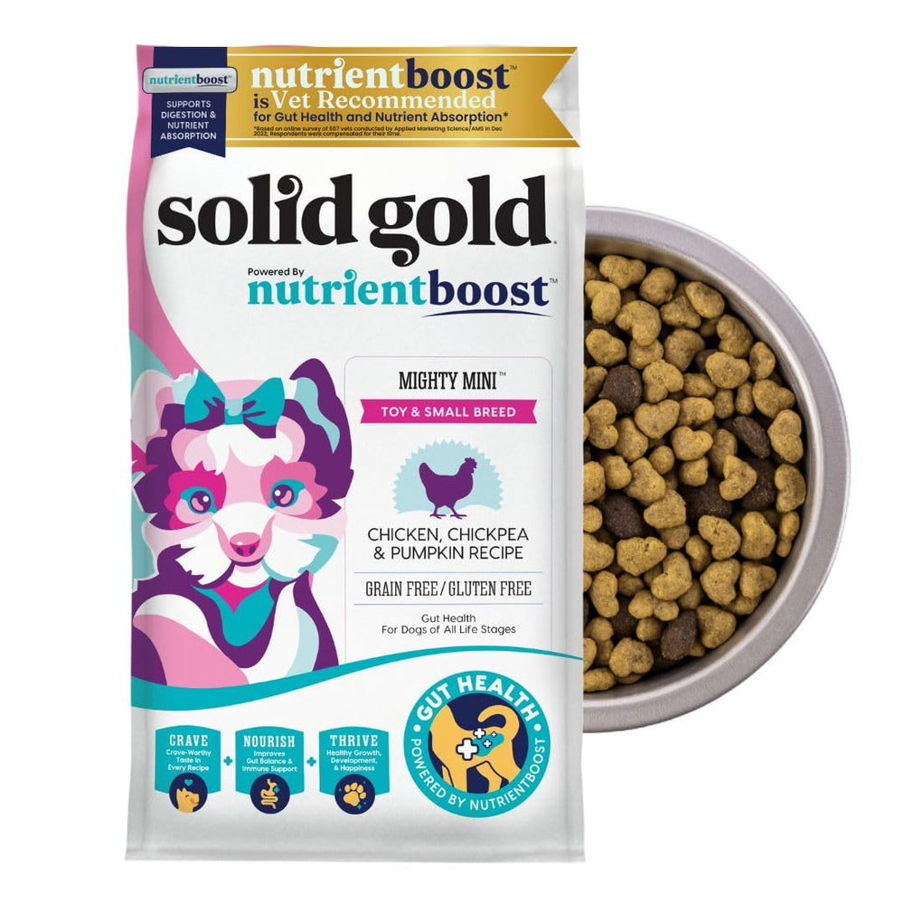 Solid Gold Toy & Small Breed dry dog food bowl close-up showing bite-sized kibble for tiny dogs.