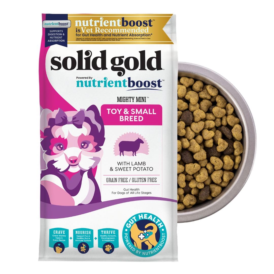 Solid Gold Toy Small Breed dry dog food front label highlighting balanced nutrition for tiny dogs