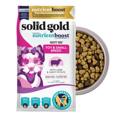 Solid Gold Toy Small Breed dry dog food front label highlighting balanced nutrition for tiny dogs
