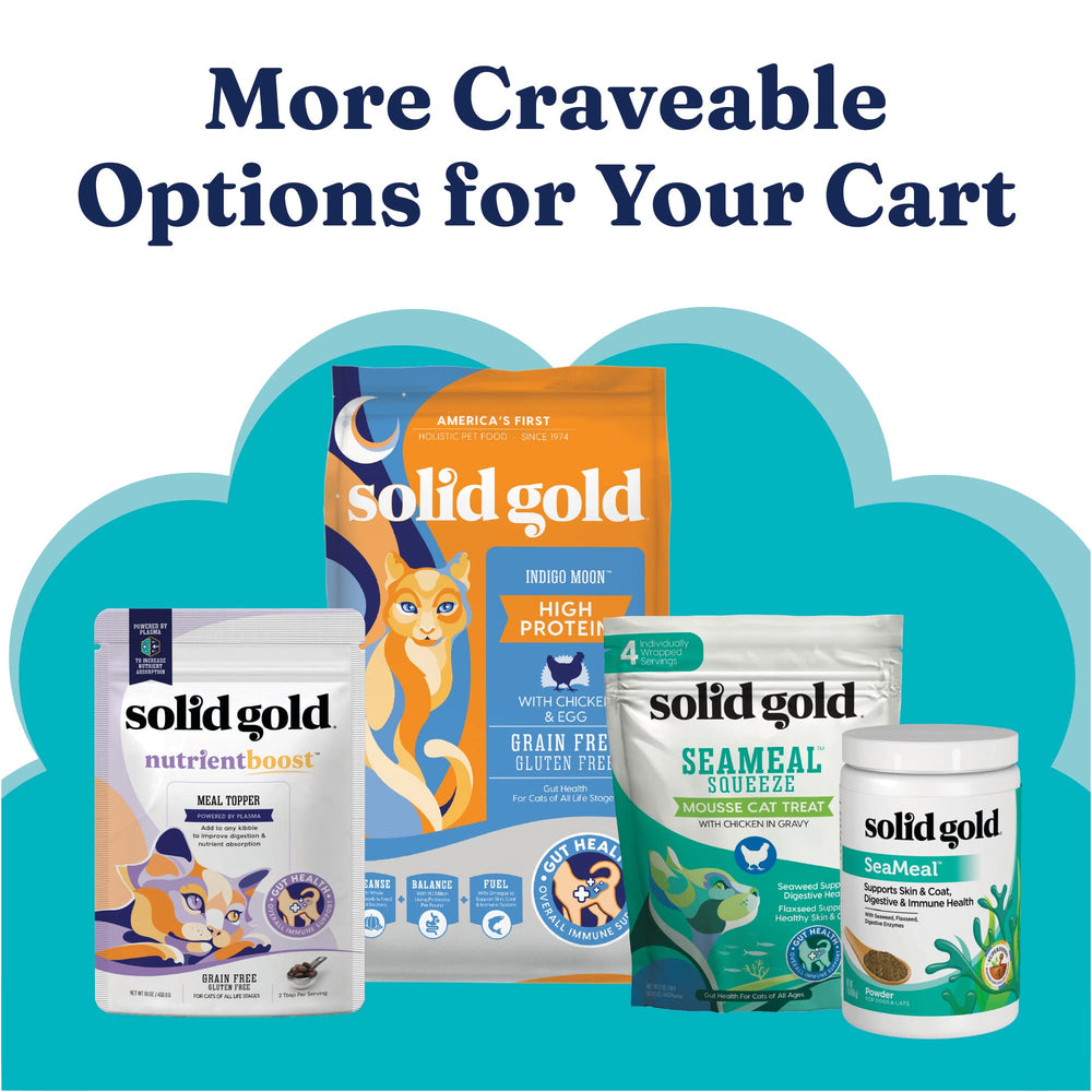 Solid Gold Tropical Blendz cans on shelf convey a trusted cat food option.