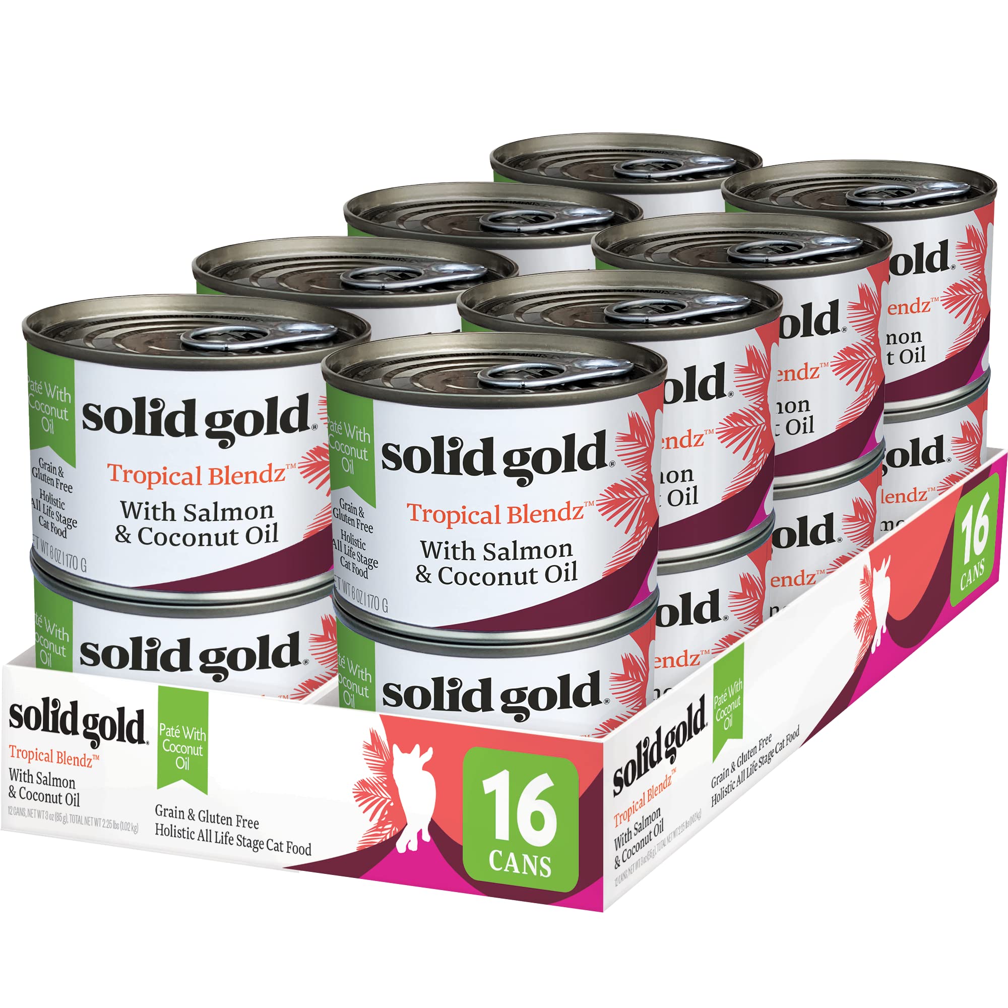 Solid Gold Tropical Blendz salmon pate packaging highlights premium protein for cats.