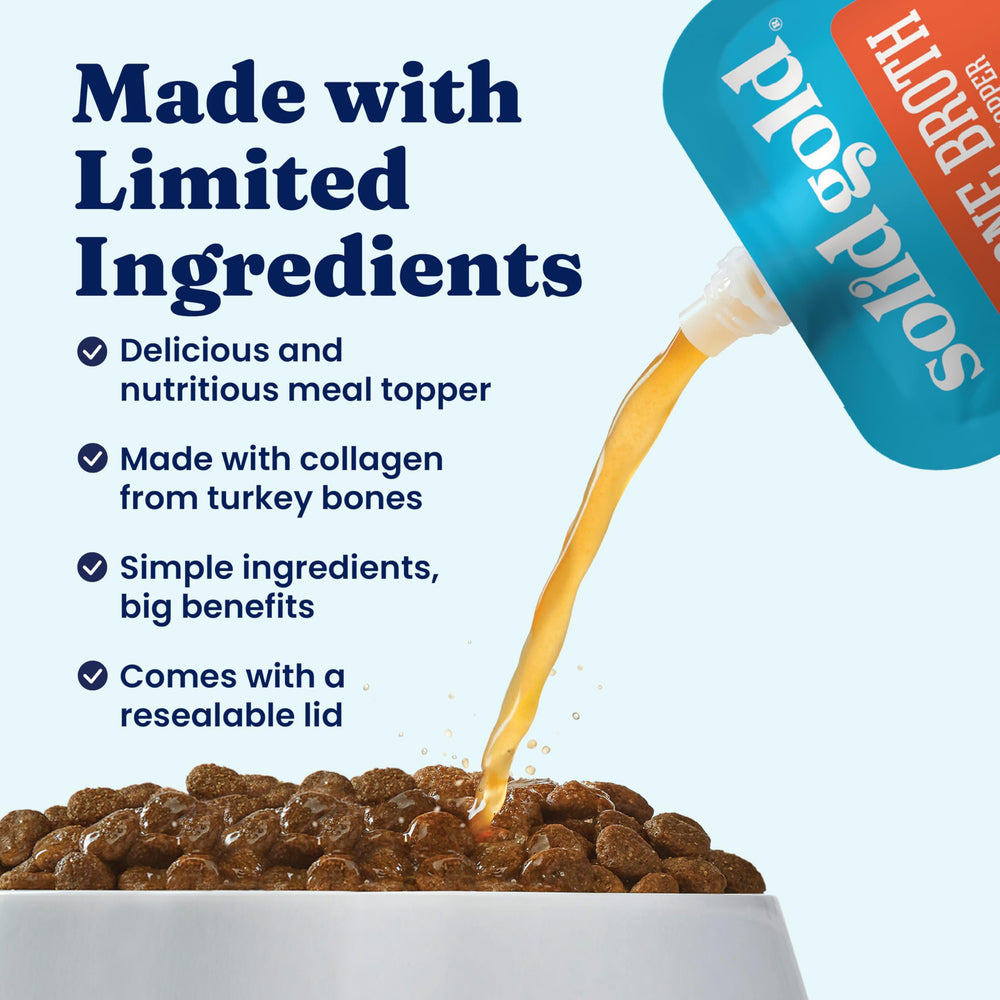 Solid Gold turkey bone broth bottle label closeup shows natural ingredients for picky eaters.