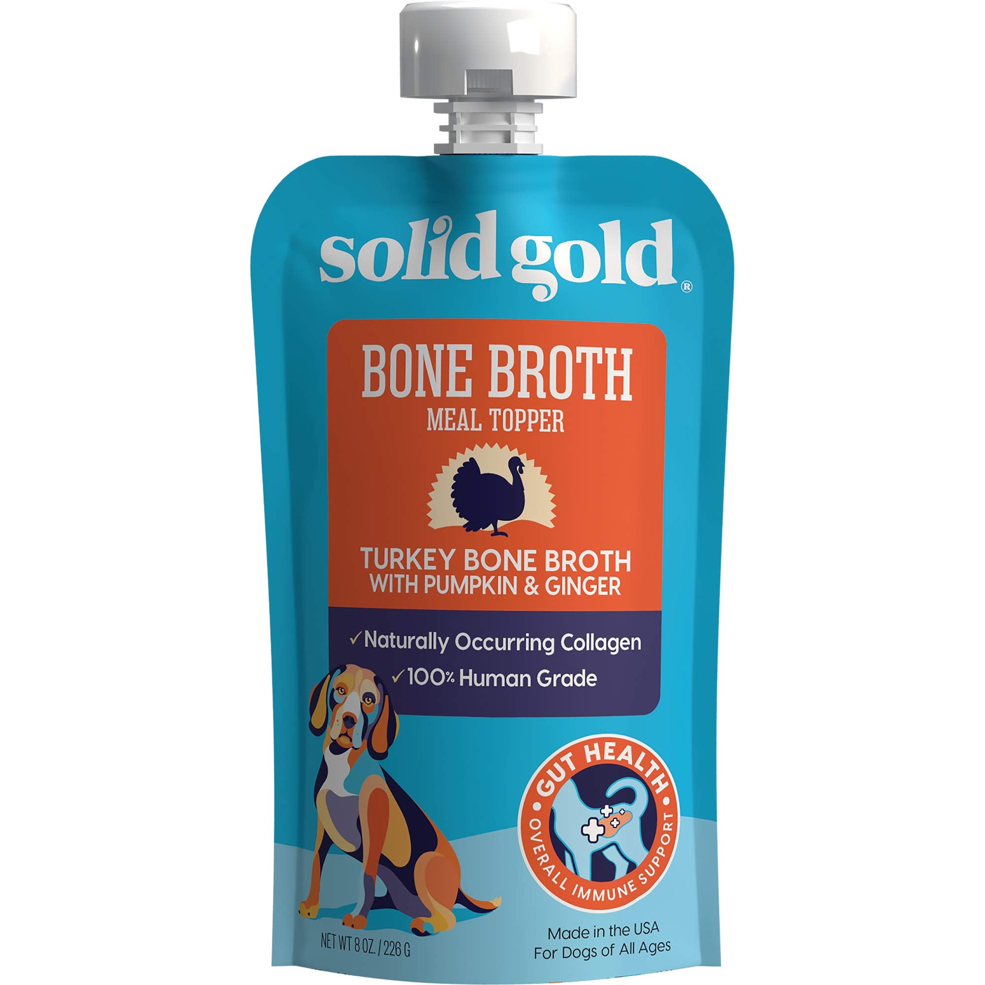 Solid Gold turkey bone broth ingredients pumpkin-ginger highlight aromatic, nutrient-dense toppers.