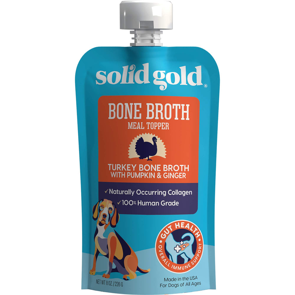Solid Gold turkey bone broth ingredients pumpkin-ginger highlight aromatic, nutrient-dense toppers.