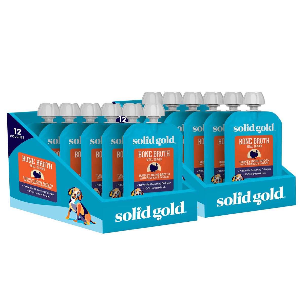 Solid Gold turkey bone broth pour-over dry food boosts flavor and hydration for dogs.